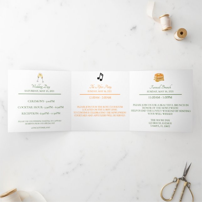 Zesty Citrus Orange Dream Wedding Tri-Fold Card Dreifach Gefaltete Ankündigung (Innenseite)