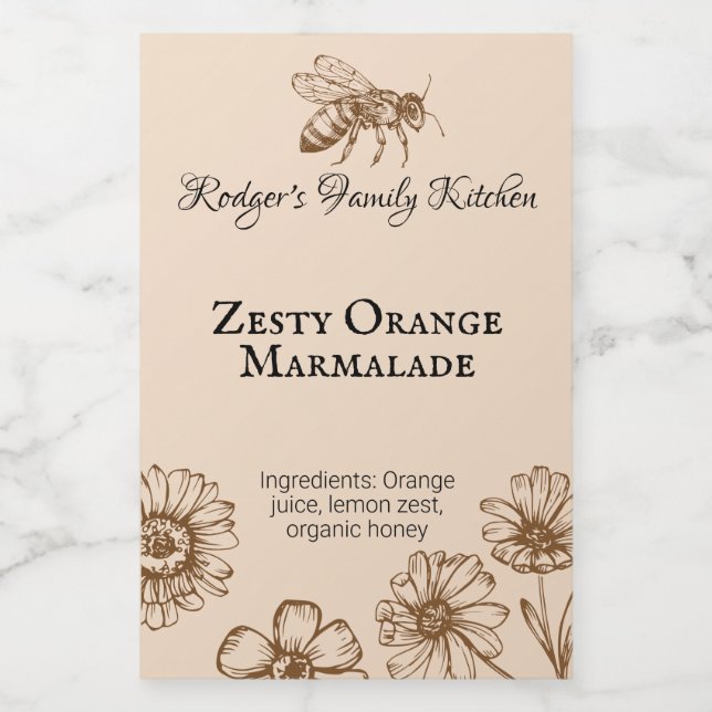 Zesty Orange Marmalade Floral Honey Bee Food Label Lebensmitteletikett (Einzelnes Label)