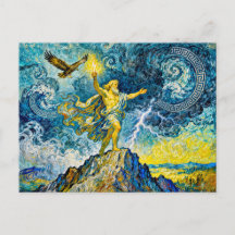 Zeus auf stürmischen Felsen mit Blitz und Adler