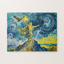 Zeus auf stürmischen Felsen mit Blitz und Adler