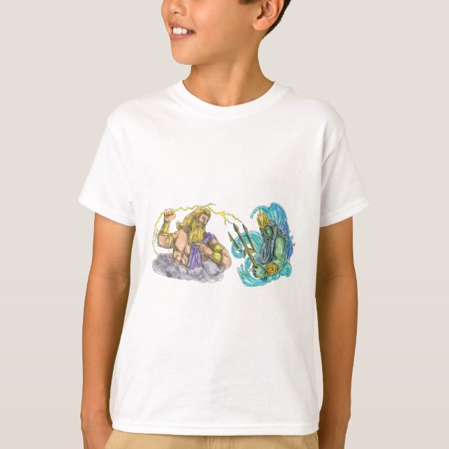 ZeusThunderbolt gegen Poseidon Trident Tätowierung T-Shirt (Vorderseite)