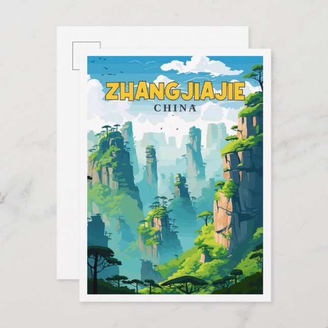 Zhangjiajie China Vintage Reise Illustration Postkarte (Vorne/Hinten)