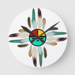 Zia Sun God with Feathers Runde Wanduhr