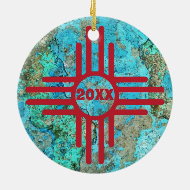 Zia Symbol Turquoise Jahr Weihnachtsbaum Keramik Ornament (Hinten)