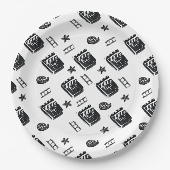 Ziak-Muster mit Kinosymbolen und Klappbrett Pappteller (Vorderseite)