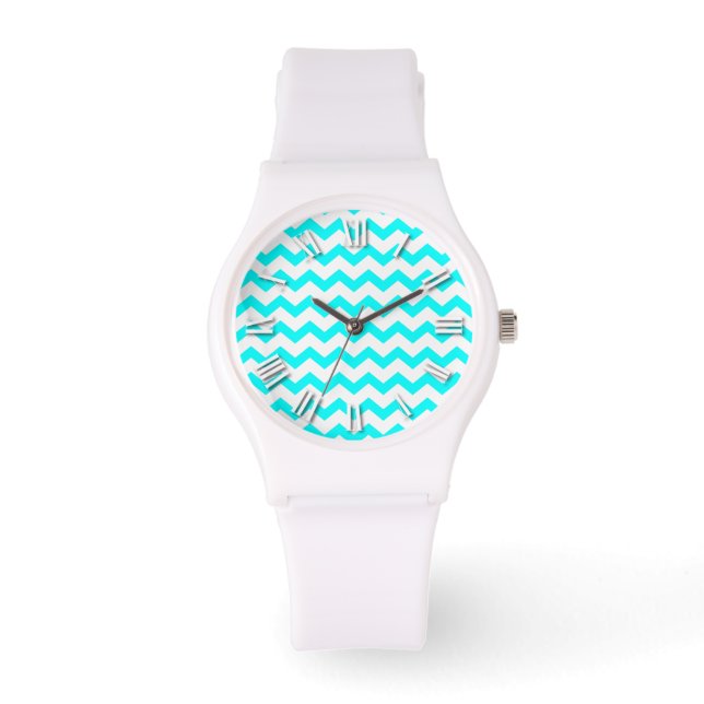Zickzack Aqua Aquamarin und White ZigZag Zig Zags Armbanduhr (Vorderseite)