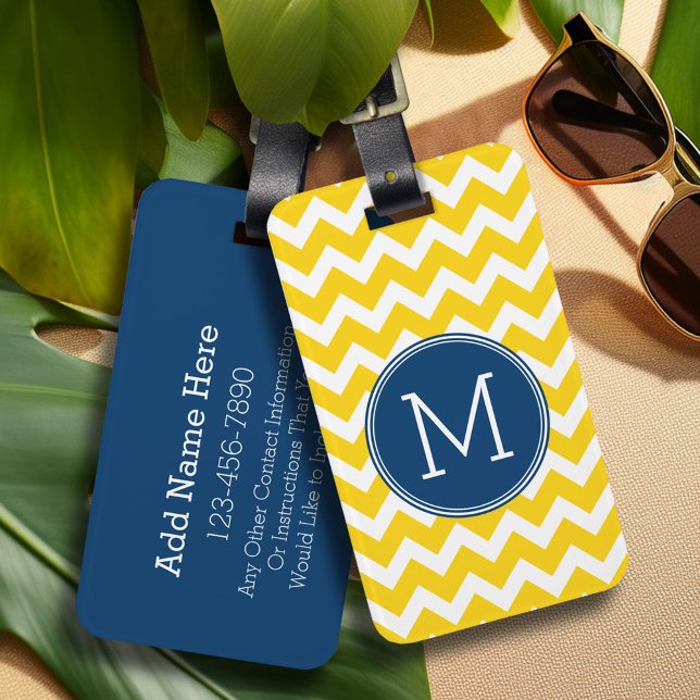 Zickzack gelbes und blaues Muster mit Monogramm Gepäckanhänger (Personalized luggage tag - Add Your contact information and monogram)