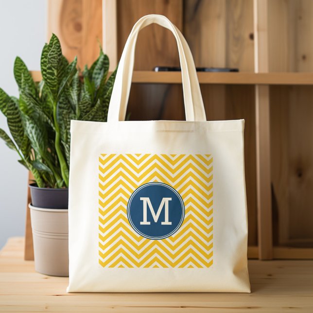 Zickzack gelbes und blaues Muster mit Monogramm Tragetasche (Personalized tote bag with monogram)