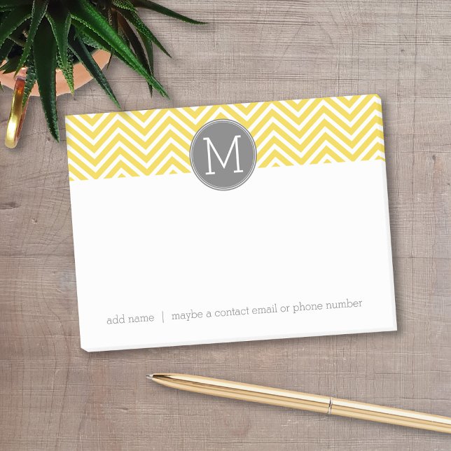 Zickzack gelbes und graues Muster mit Monogramm Post-it Klebezettel (Personalized post-it notes with a monogram and contact information - low quantity available)