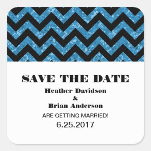 Zickzack Glitzer Save the Date Stickers, blau Quadratischer Aufkleber