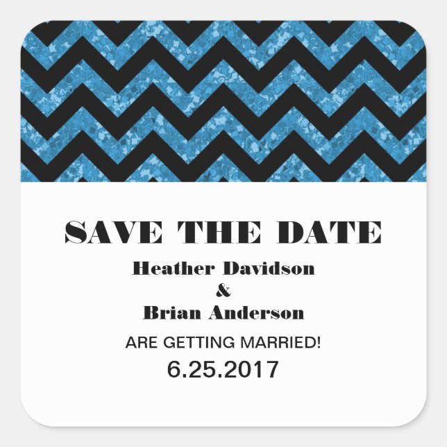 Zickzack Glitzer Save the Date Stickers, blau Quadratischer Aufkleber (Vorderseite)