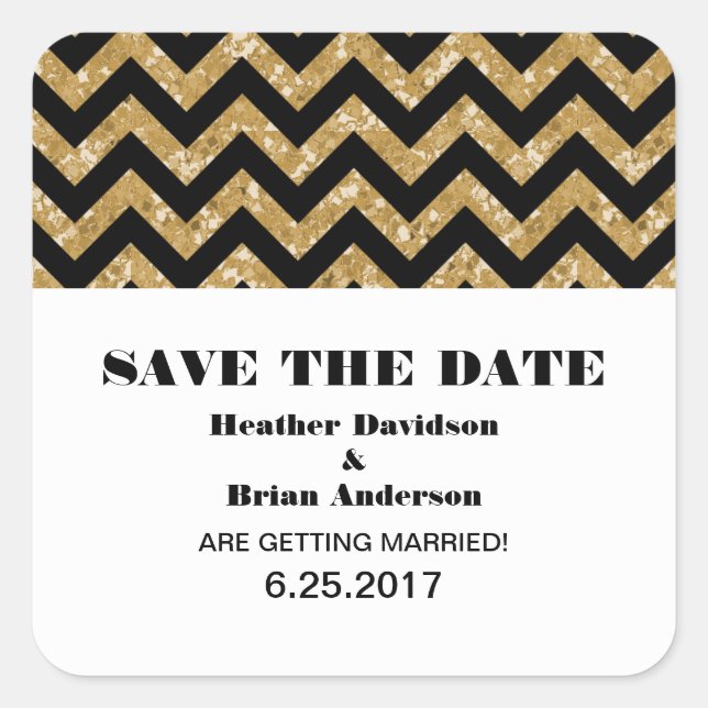 Zickzack Glitzer Save the Date Stickers, Gold Quadratischer Aufkleber (Vorderseite)