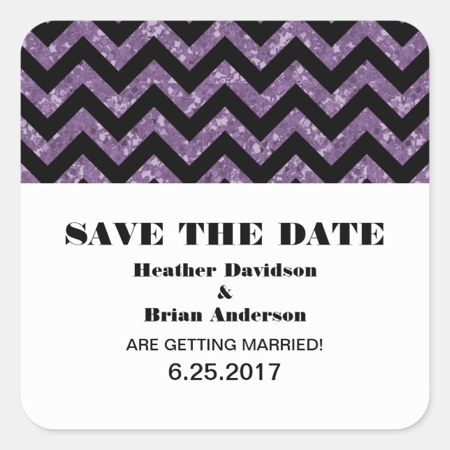 Zickzack Glitzer Save the Date Stickers, Lila Quadratischer Aufkleber (Vorderseite)