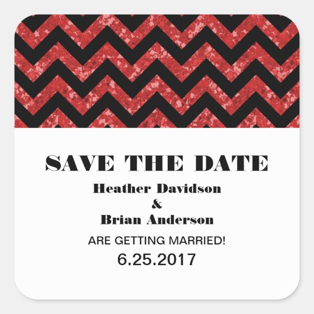 Zickzack Glitzer Save the Date Stickers, rot Quadratischer Aufkleber (Vorderseite)