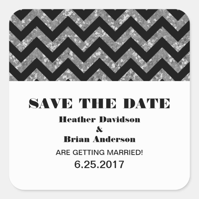 Zickzack Glitzer Save the Date Stickers, Silber Quadratischer Aufkleber (Vorderseite)