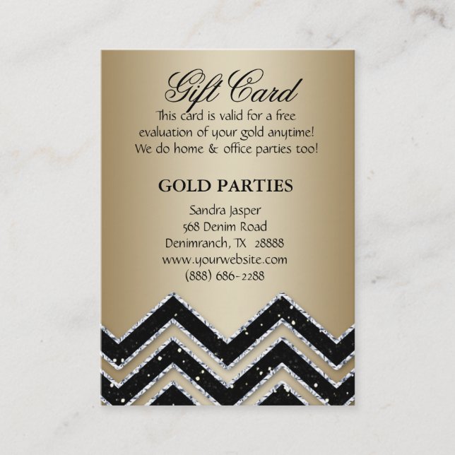 Zickzack GoldParty-Geschenk-Karten-Schwarz-Glitzer Rabattkarte (Vorderseite)