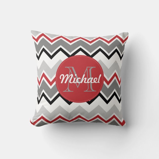 Zickzack, grau-schwarze Mit Monogramm Circle Stitc Kissen (Vorderseite)