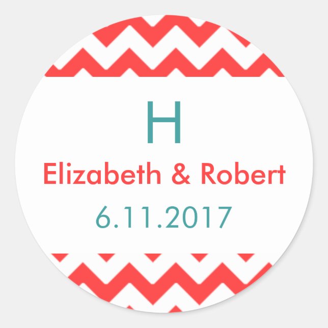 Zickzack Hochzeit von Türkis und Korallen Runder Aufkleber (Vorderseite)