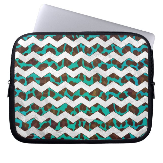 Zickzack Leopard, braun und Aquamarin Laptopschutzhülle (Vorderseite)