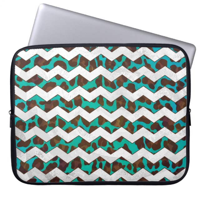 Zickzack Leopard, braun und Aquamarin Laptopschutzhülle (Vorderseite)