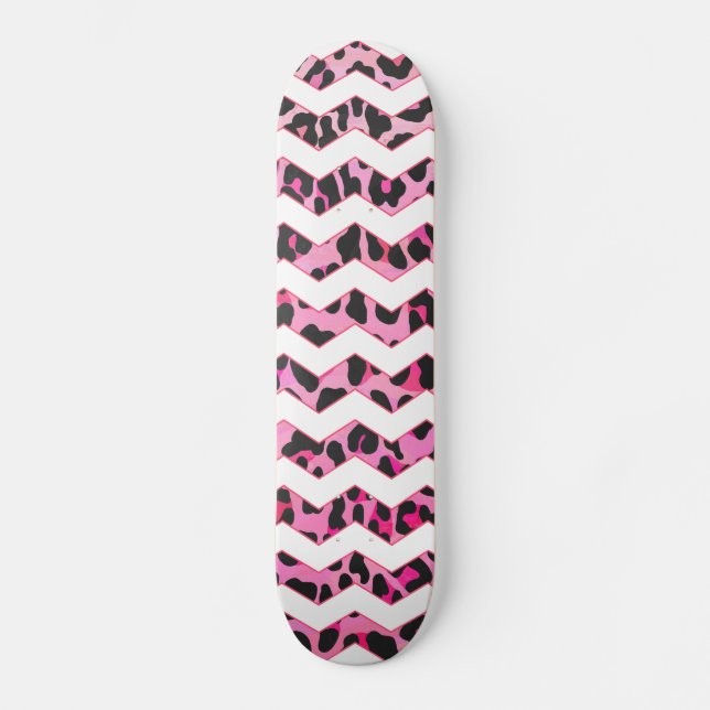 Zickzack Leoparden in Schwarz und Heiß Rosa Skateboard (Vorderseite)