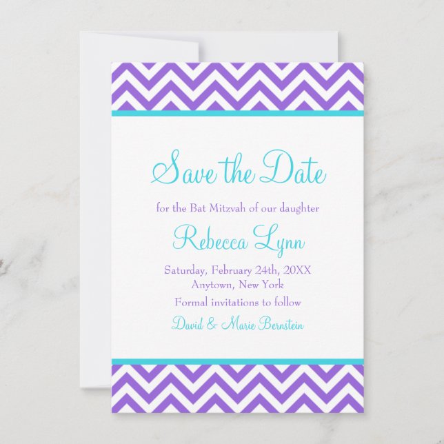 Zickzack Lila Aquamariner Blue Bat Mitzvah Save th Save The Date (Vorderseite)