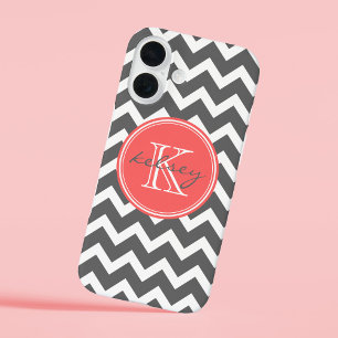 Zickzack Monogramm für Karkohle Grau und Korallen iPhone 16 Hülle
