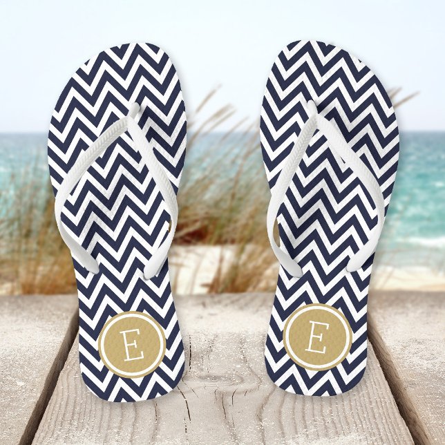 Zickzack Monogramm für Navy und Gold Flip Flops (Von Creator hochgeladen)