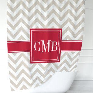 Zickzack Monogramm in Beige und Rot Duschvorhang