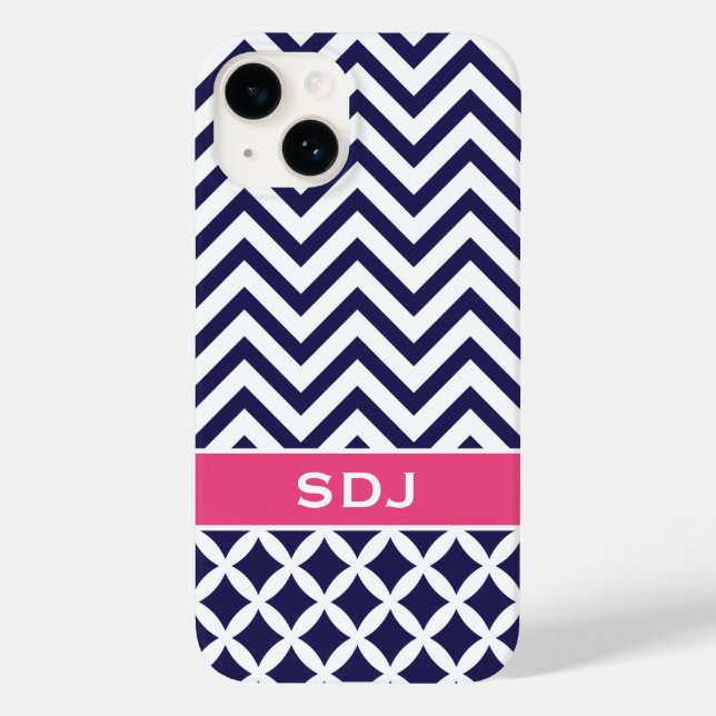 Zickzack Monogramm Navy Blue/Pink Case-Mate iPhone Hülle (Rückseite)