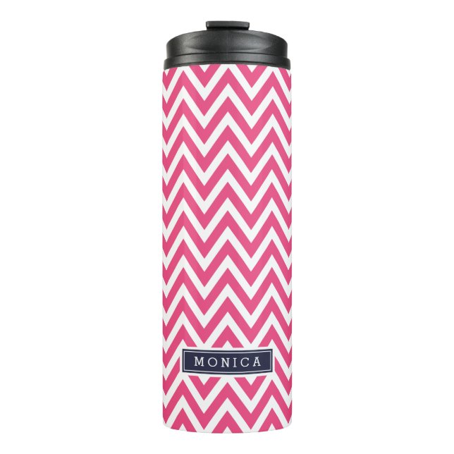 Zickzack Monogramm Navy Blue/Pink Thermosbecher (Vorderseite)