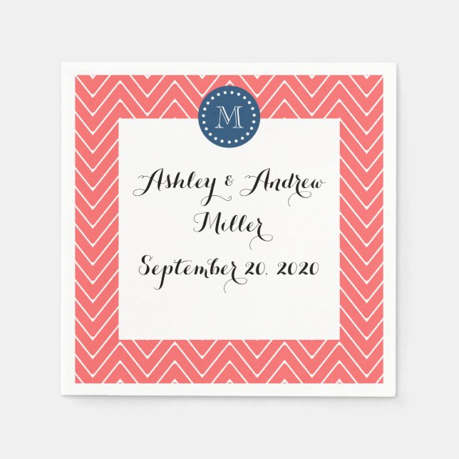 Zickzack Muster 2A Monogram Coral, Navy Blue Serviette (Vorderseite)