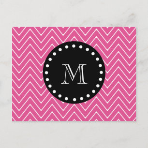 Zickzack Muster in Hot Pink   Schwarze Monogramm Postkarte