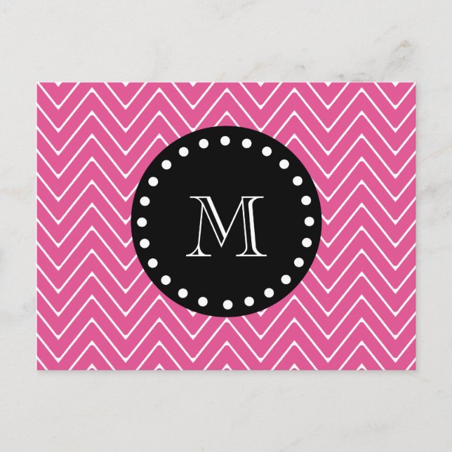 Zickzack Muster in Hot Pink | Schwarze Monogramm Postkarte (Vorderseite)