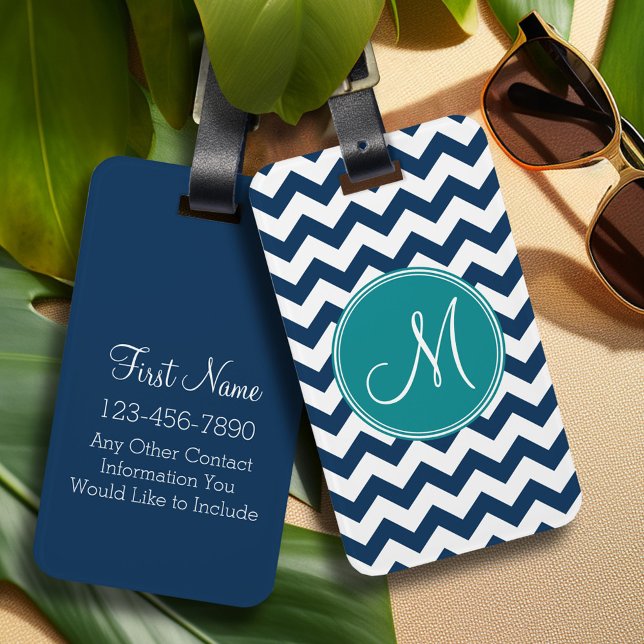 Zickzack Muster mit Monogram - Navy Aquamarin Gepäckanhänger (Personalized Luggage Tag)