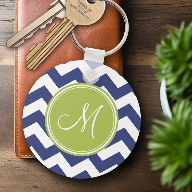Zickzack Muster mit Monogram - Navy Limon Schlüsselanhänger (Personalized Keychain - Add Name or Monogram)