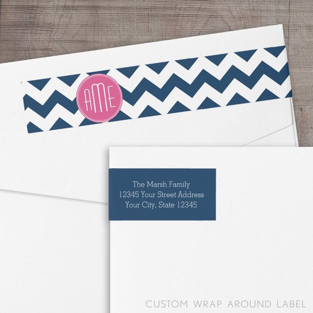 Zickzack Muster mit Monogram - Navy Magenta (Custom Return Address Label with a Wrap Around Feature)