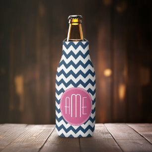 Zickzack Muster mit Monogram - Navy Magenta Flaschenkühler