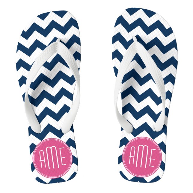 Zickzack Muster mit Monogram - Navy Magenta Flip Flops (Fußbett)