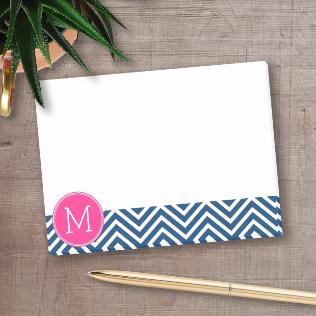Zickzack Muster mit Monogram - Navy Magenta Post-it Klebezettel (Personalized post-it notes - add your name and other text)