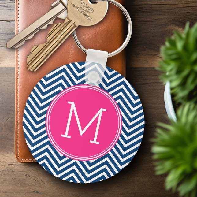Zickzack Muster mit Monogram - Navy Magenta Schlüsselanhänger (Personalized Keychain - Add Name or Monogram)