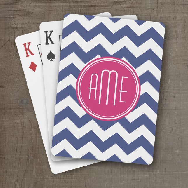 Zickzack Muster mit Monogram - Navy Magenta Spielkarten (Personalized Playing Cards)