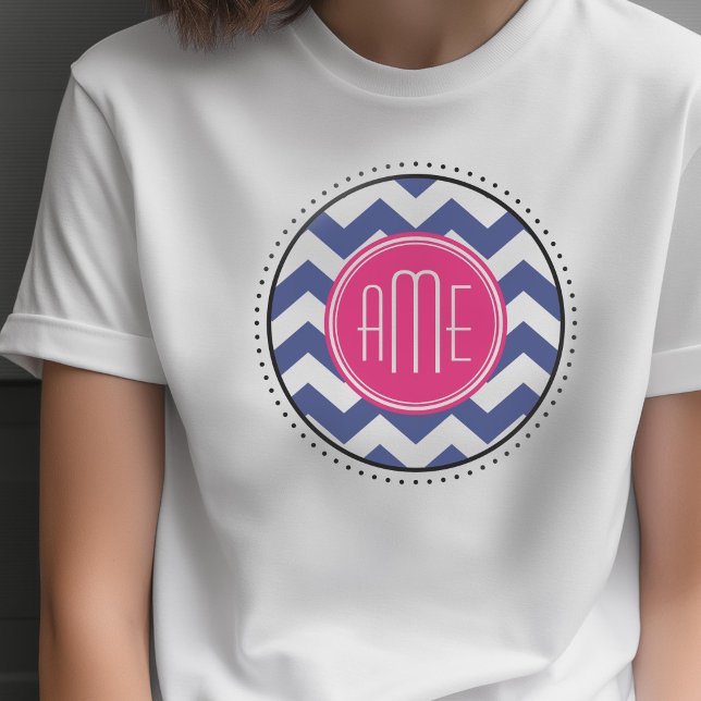 Zickzack Muster mit Monogram - Navy Magenta T-Shirt (Custom Photo T-shirt)