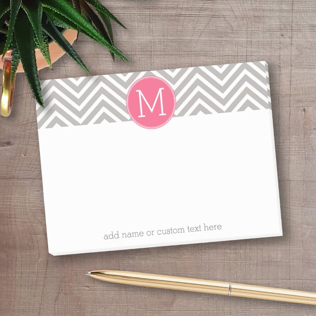 Zickzack Muster mit Monogram - Pink Gray Post-it Klebezettel (Personalized post-it notes with an area to add your name or other text)