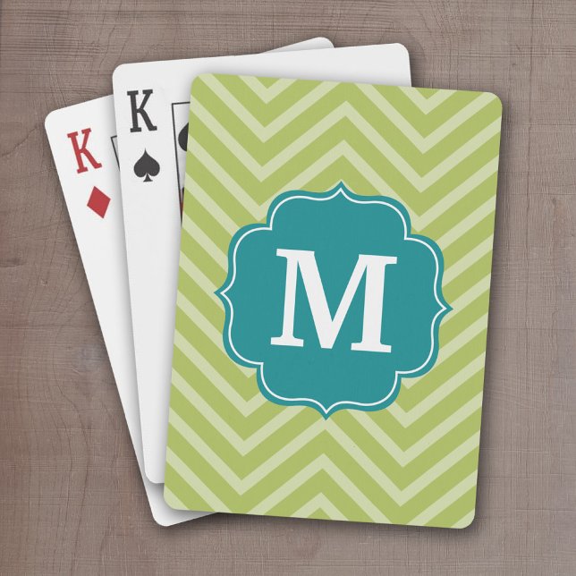 Zickzack Muster mit Monogramm - Aquamarin blau und Spielkarten (Personalize this set of playing cards with a monogram and and chevron pattern)