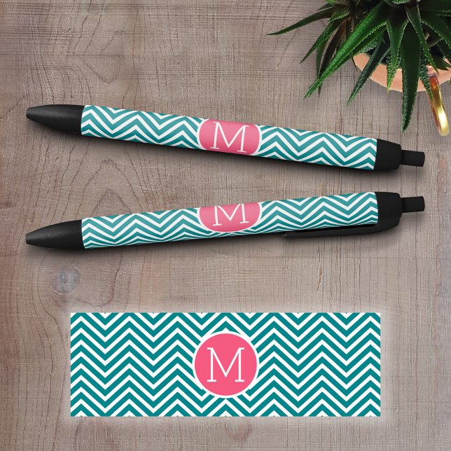 Zickzack Muster mit Monogramm - Rosa Aquamarin Kugelschreiber (Personalized writing pens - Add your text and choose a background color)