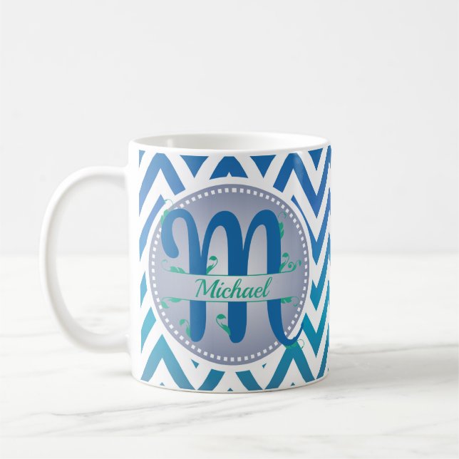 Zickzack Muster Monogram, blau und grün Kaffeetasse (Links)