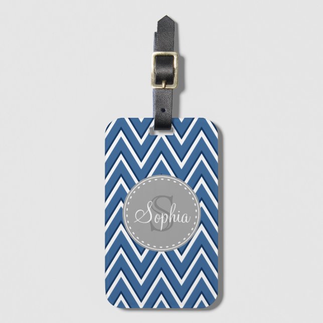 Zickzack Muster Navy Blue und Grau Monogram Gepäckanhänger (Vorderseite Vertikal)