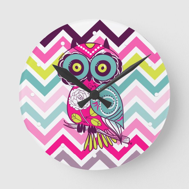 Zickzack Retro Groovy Owl Runde Wanduhr (Vorderseite)
