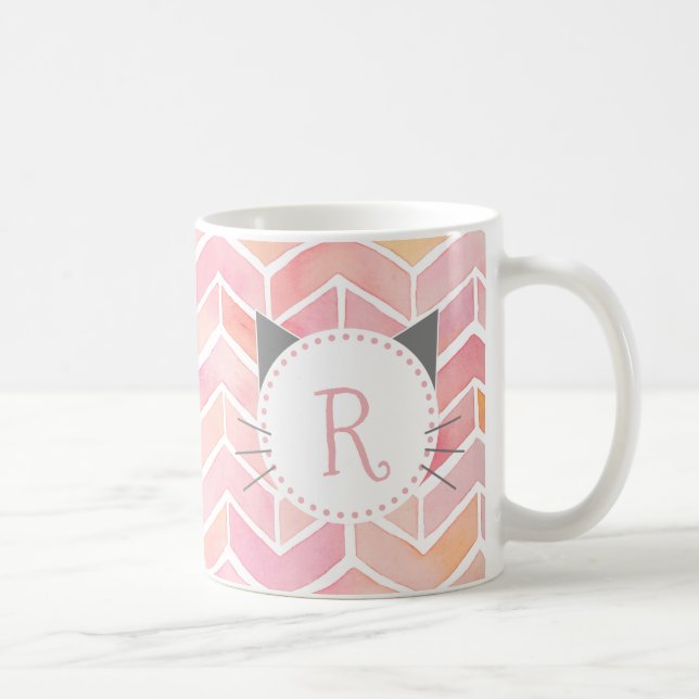 Zickzack rosa Muster | Niedliches Katzenmonogramm Kaffeetasse (Rechts)